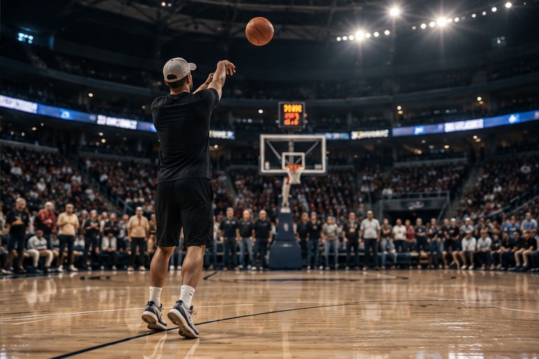 Basketball player competing in a live arena