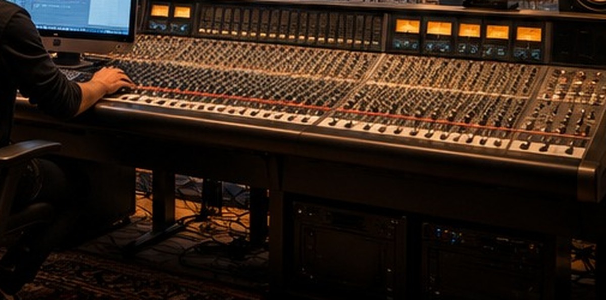 Close view of audio console faders in a professional studio