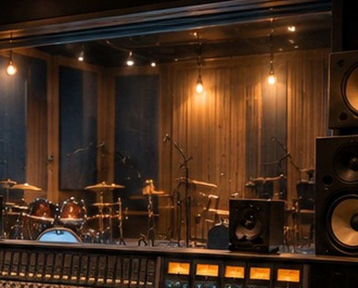 Professional recording studio live room with drum kit and acoustic treatment
