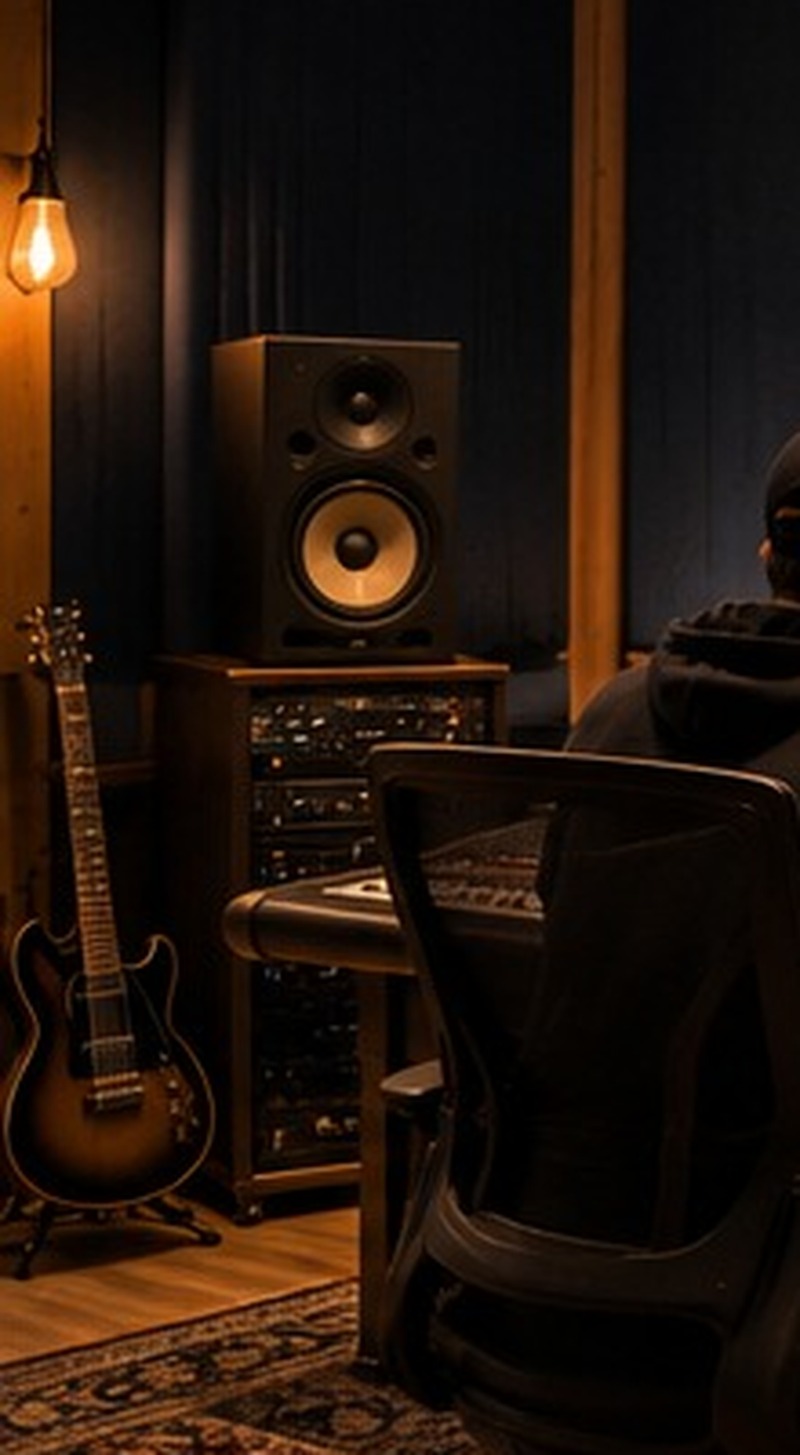Guitar and studio equipment in a recording environment