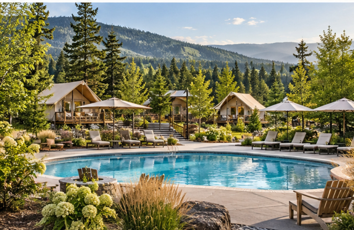 Campground pool, glamping cabins, and guest amenities