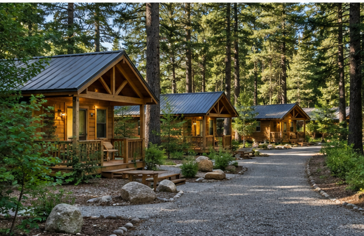 Cabin accommodations along a wooded campground road