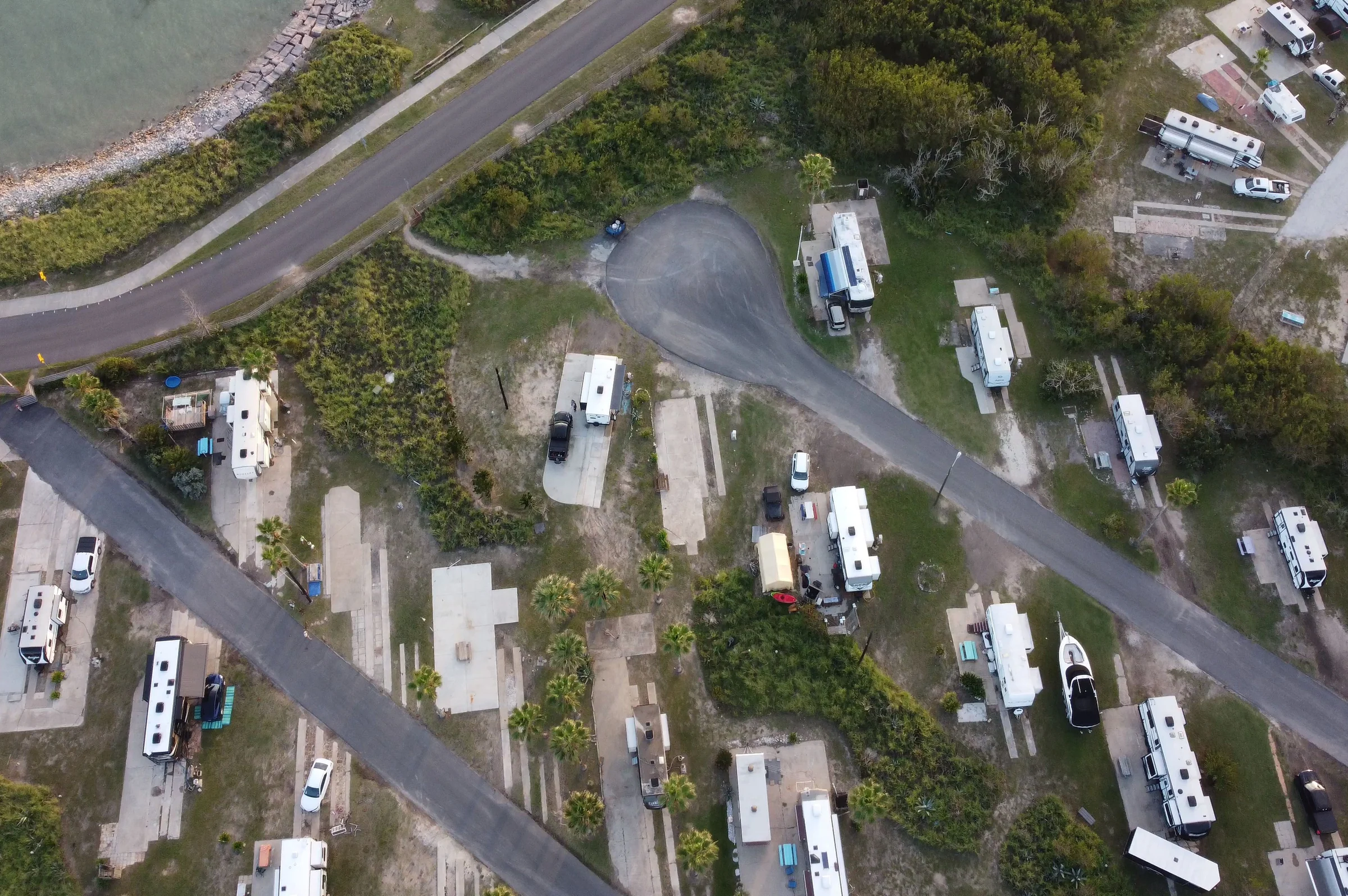 Aerial view of a coastal RV park