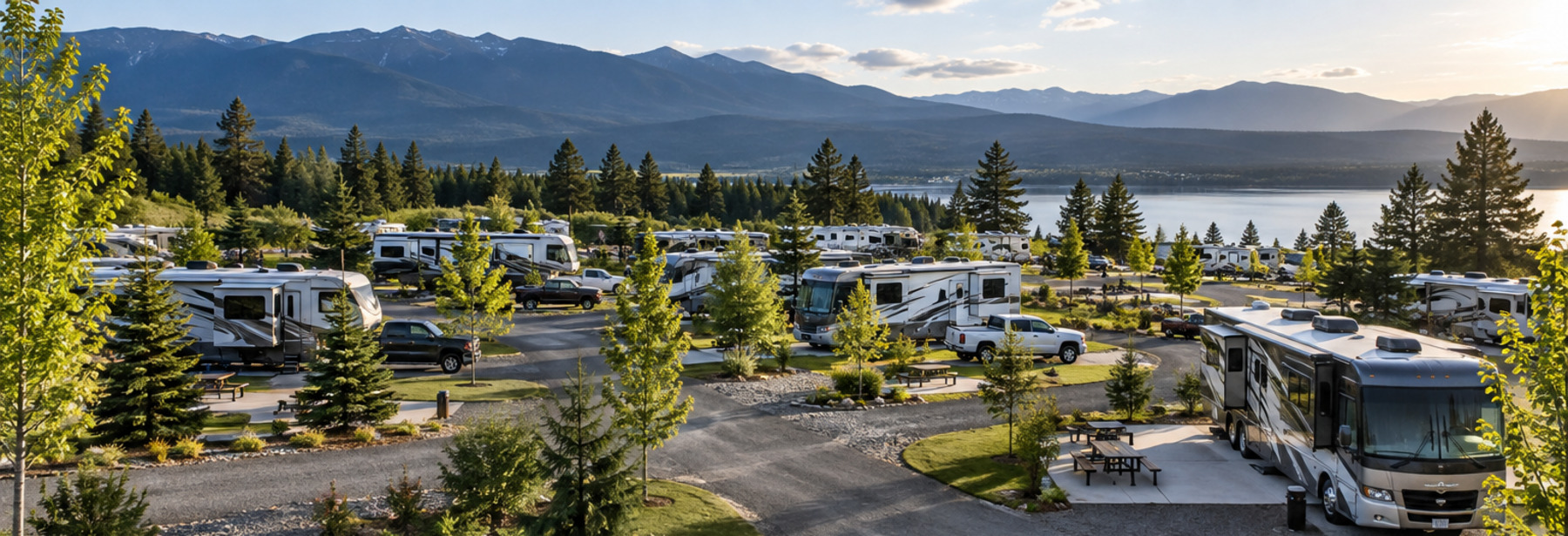 Aerial view of a landscaped RV park with multiple guest sites and internal roads