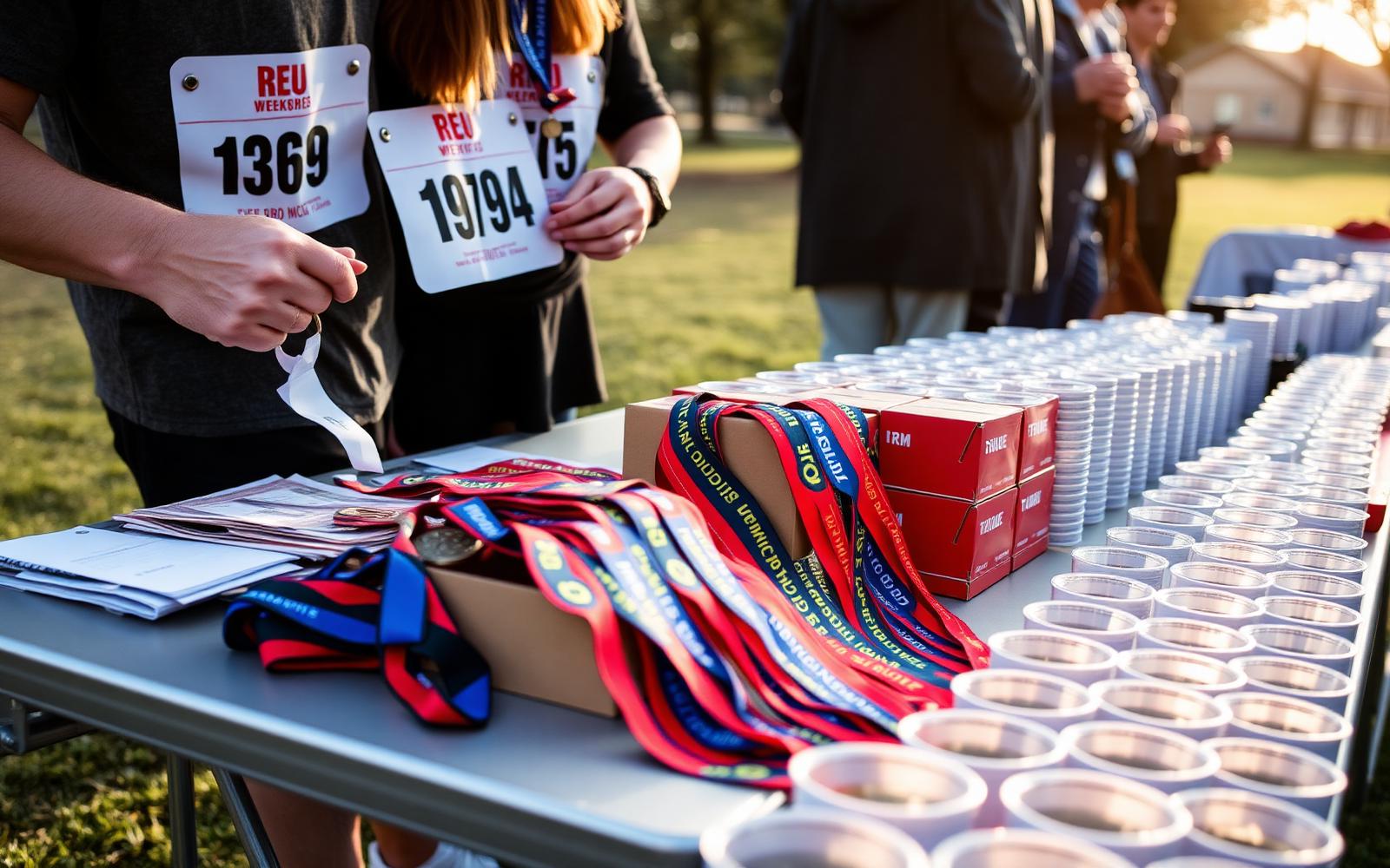 Volunteers organizing race bibs and finisher medals ahead of a charity run