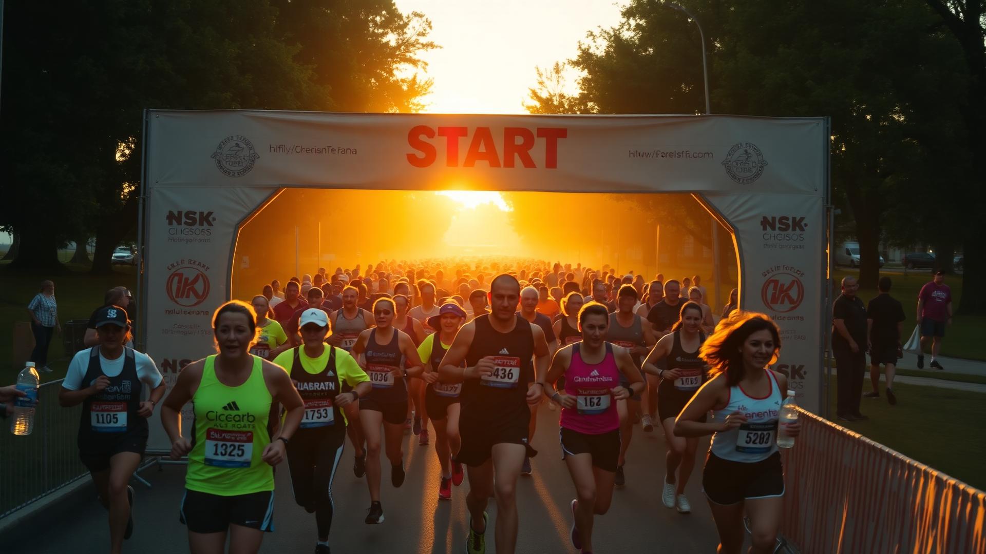 Runners and volunteers lined up at a charity 5K start line on a closed public street at dawn