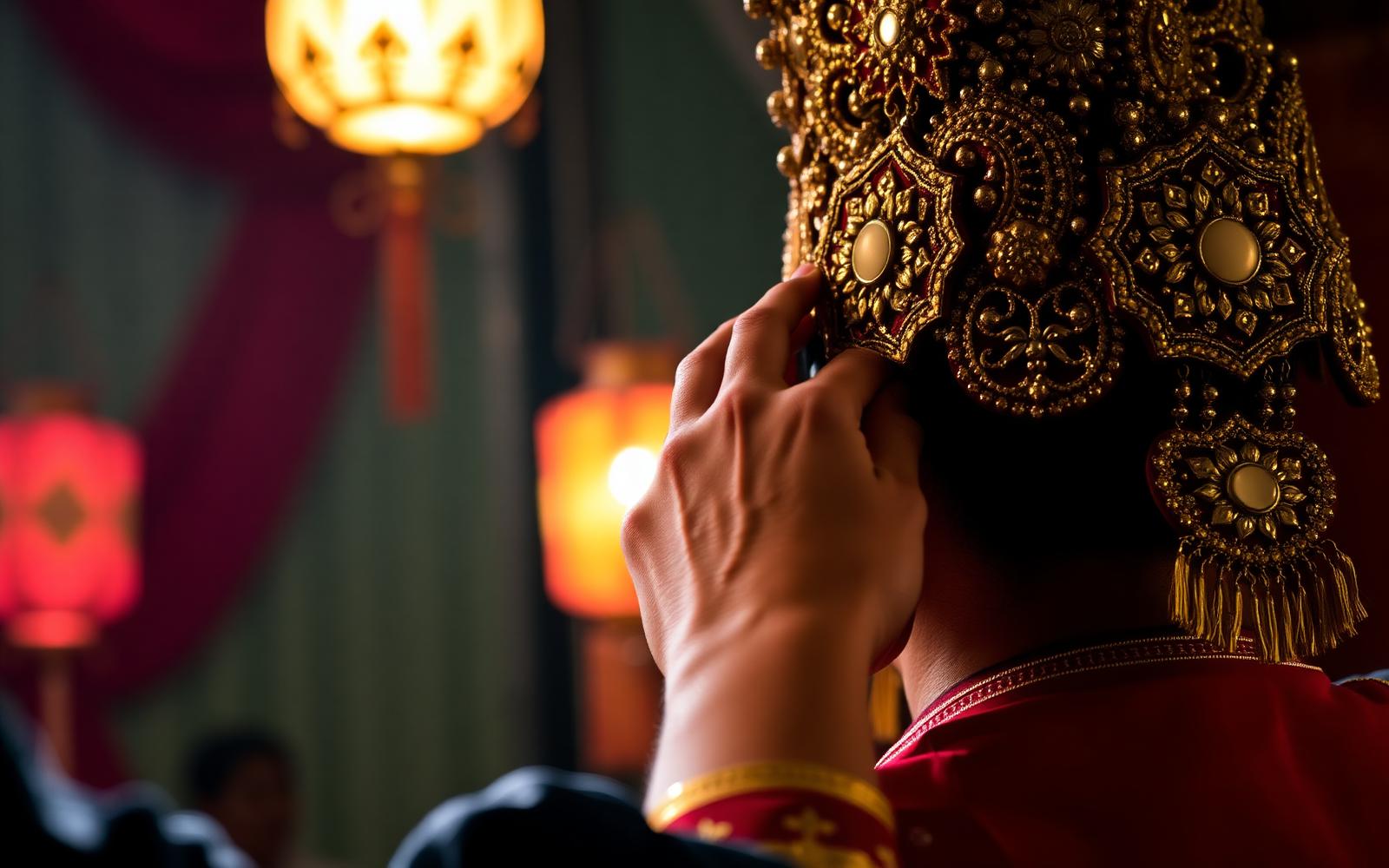A volunteer carefully adjusting an embroidered traditional costume backstage before a cultural festival procession