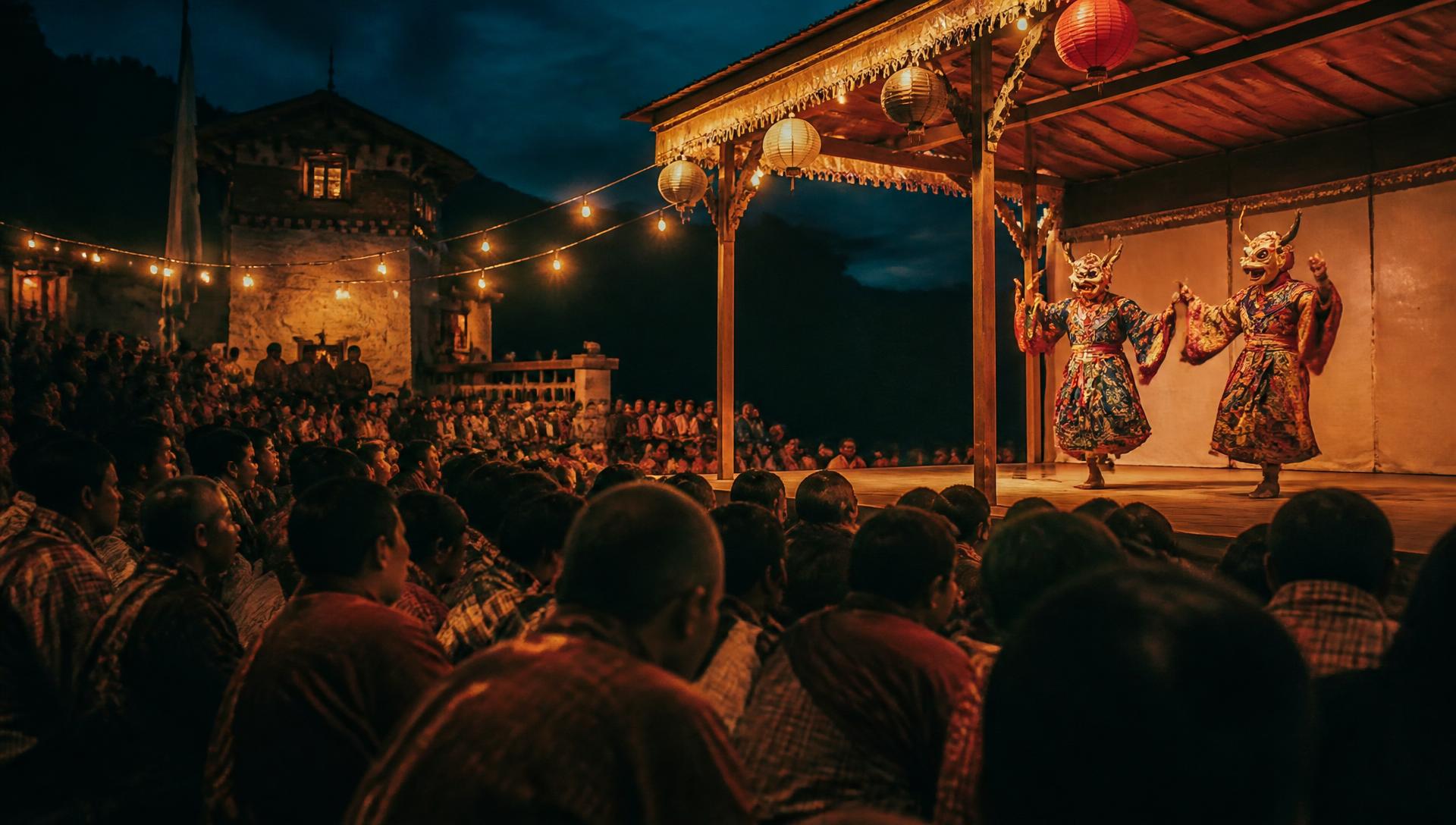 Dancers in traditional dress leading a street procession at a community heritage festival at dusk