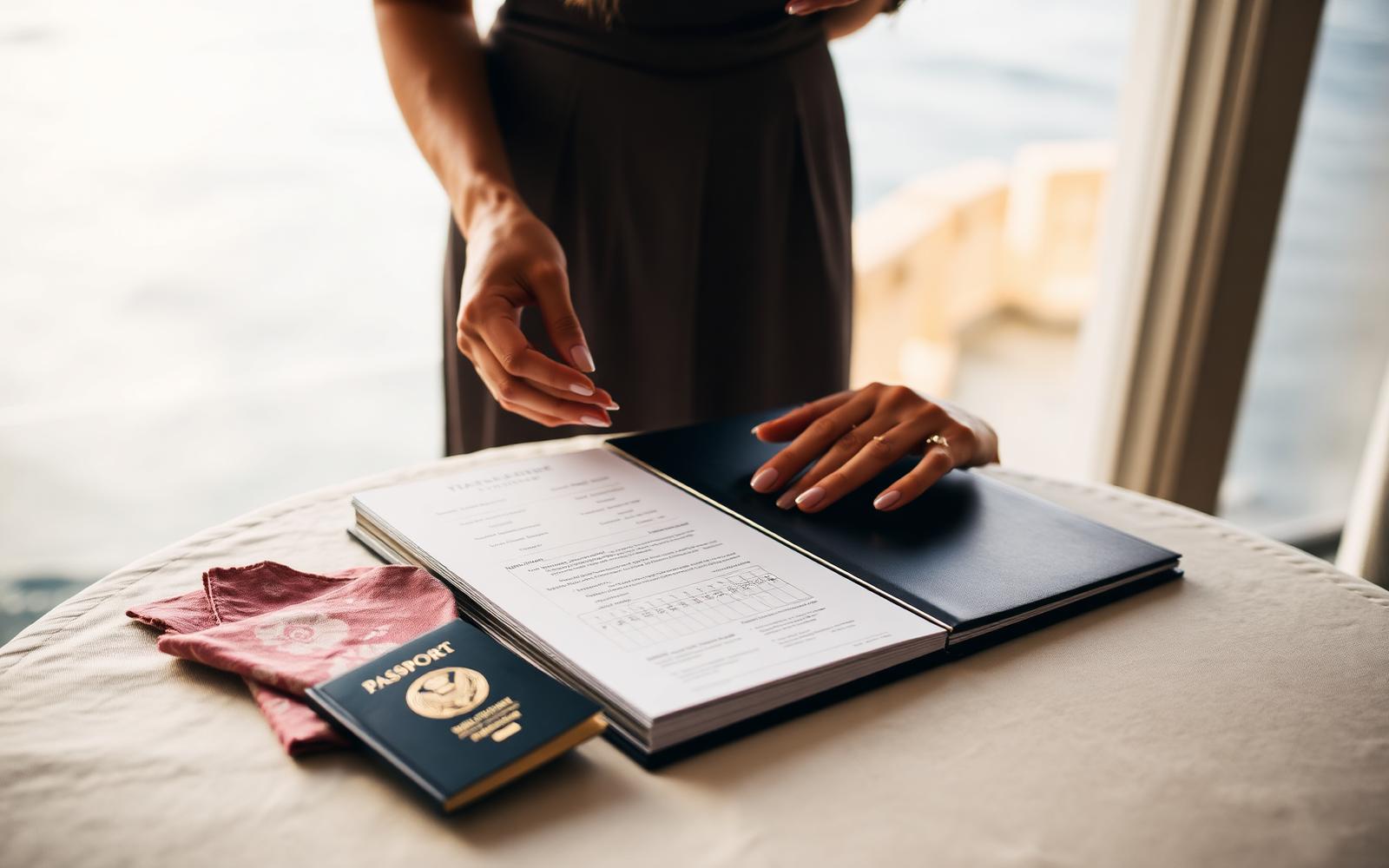 Wedding planner's binder with a foreign venue contract and a passport on the desk