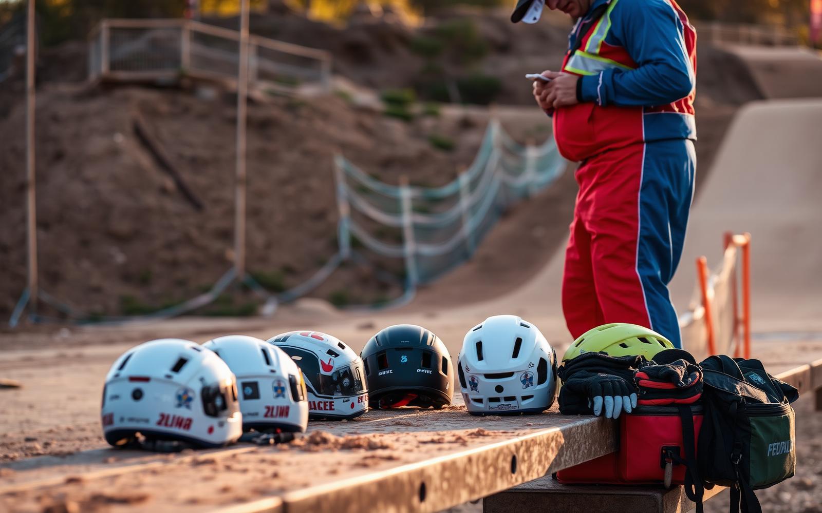 Medic and safety crew staging trauma equipment and a stretcher beside a competition course before riders start