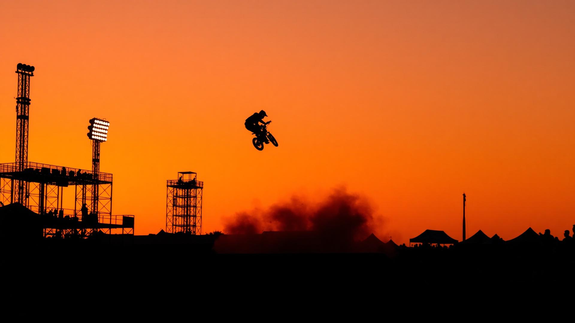 A BMX rider launching off a plywood ramp against a stark, high-contrast sky at an outdoor action sports competition