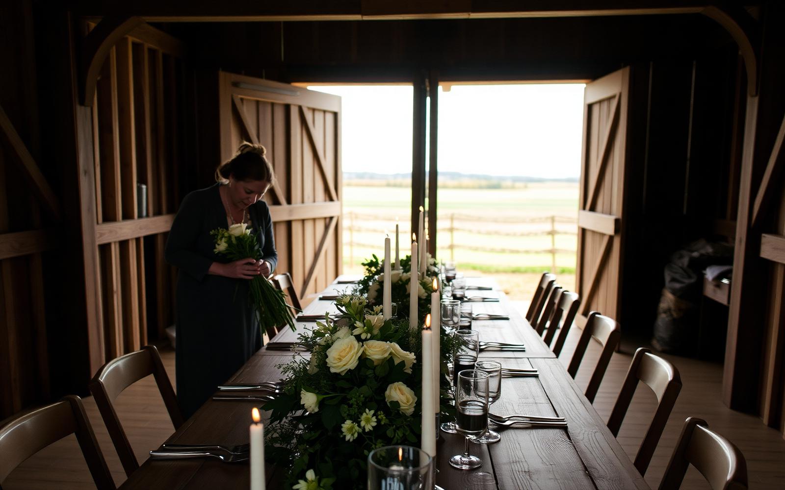 Close-up of a barn wedding reception table with farm florals, linens, and place settings