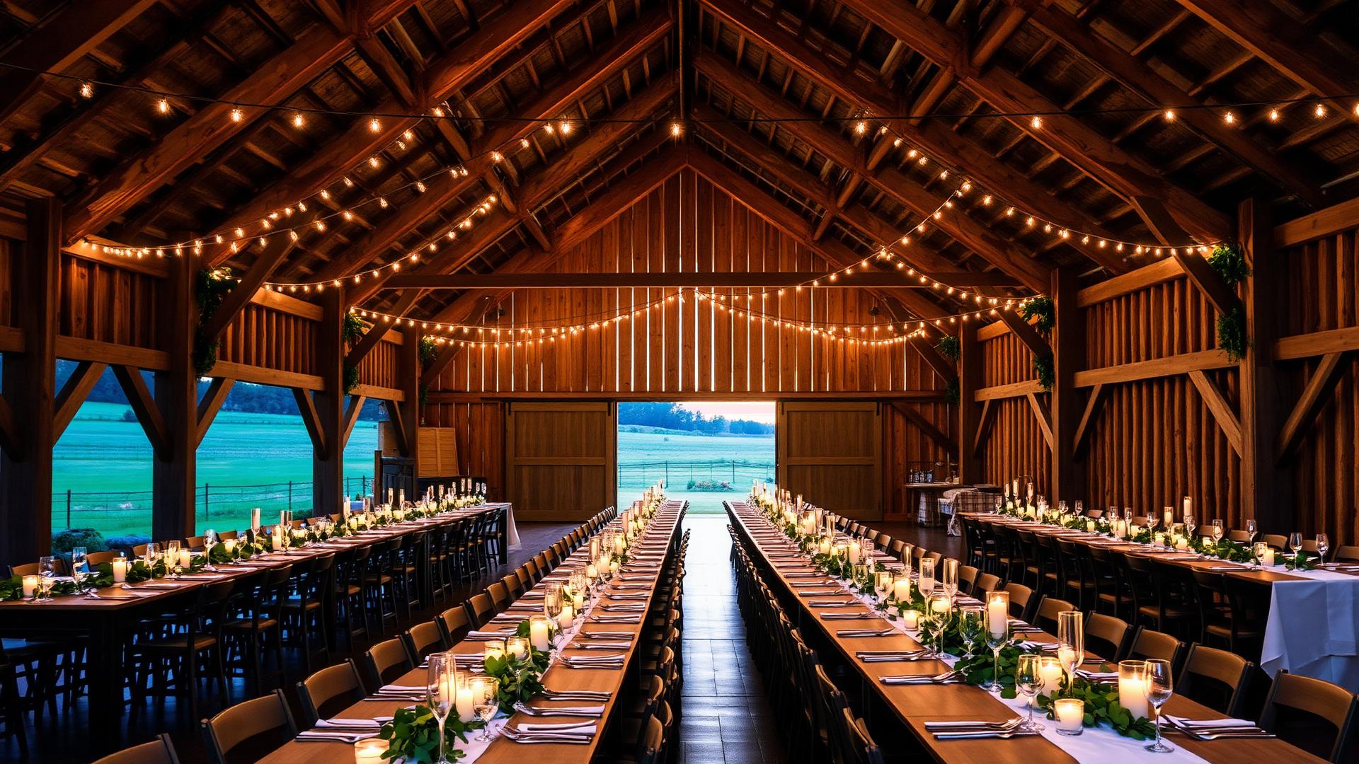 Restored timber barn set for a wedding reception with long farm tables, string lighting, and open barn doors facing a working field at dusk