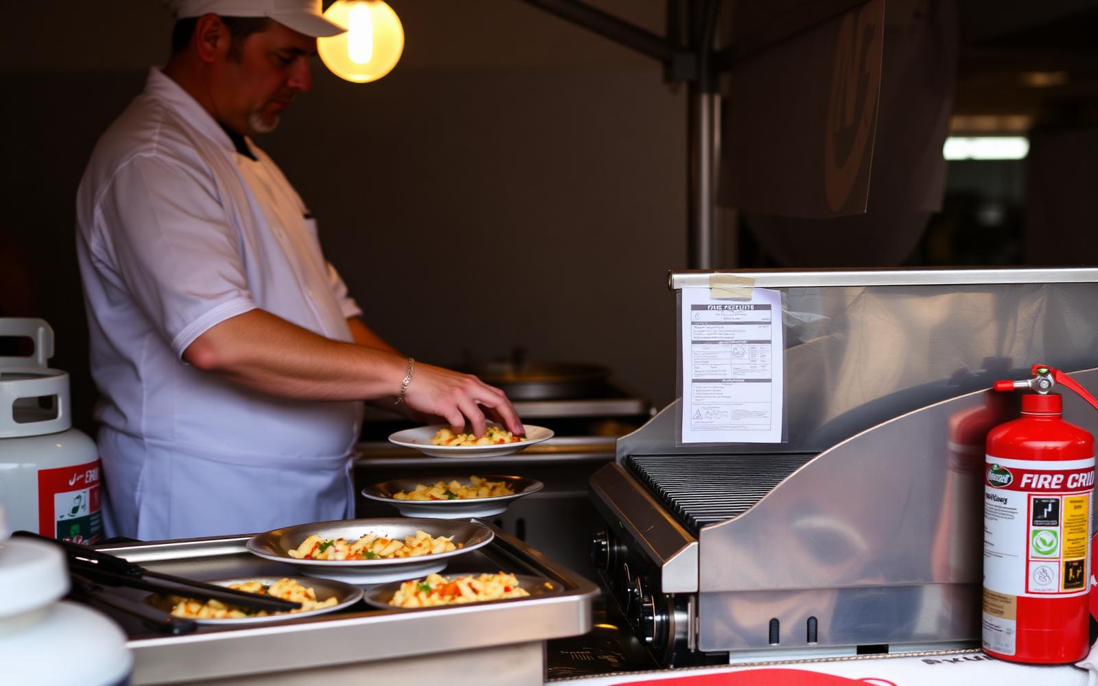 Close-up of a food festival vendor booth with food-safety gloves, sanitizer, and a temporary permit posted at the counter