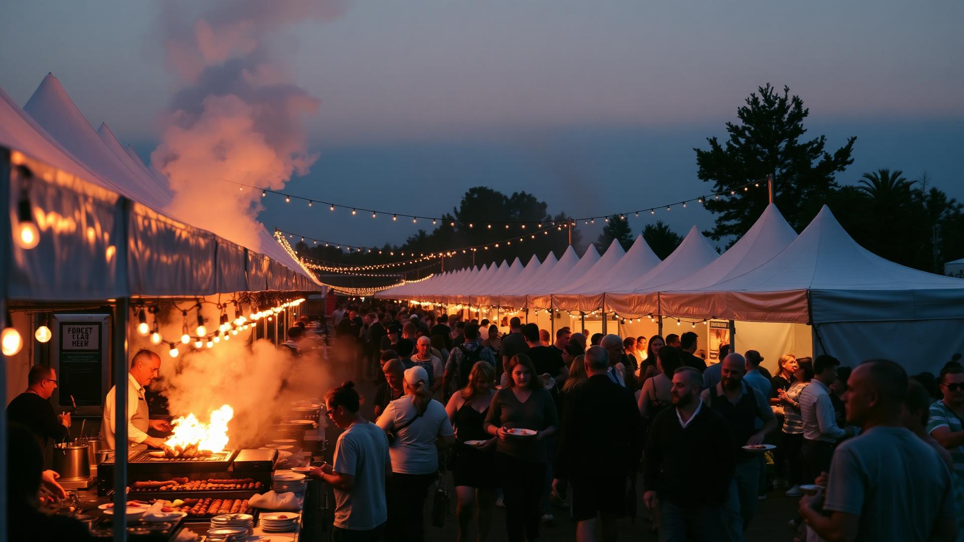 A row of food festival vendor tents with open-flame grills and propane cooking equipment under an amber evening light