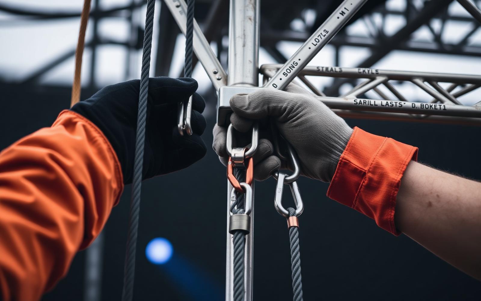 Rigging crew inspecting truss and safety cabling on a festival main stage before doors open