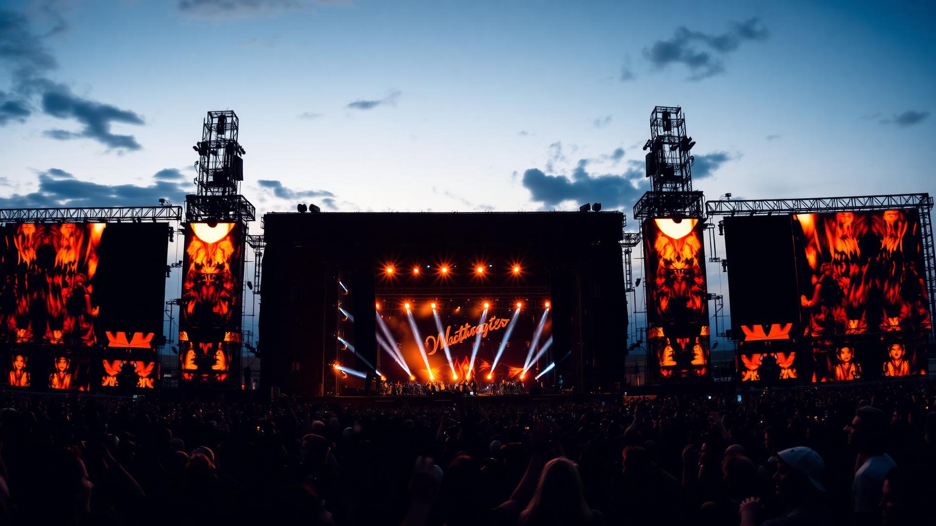 Aerial view of a lit main stage and truss rigging at a multi-day outdoor music festival at dusk with a packed crowd