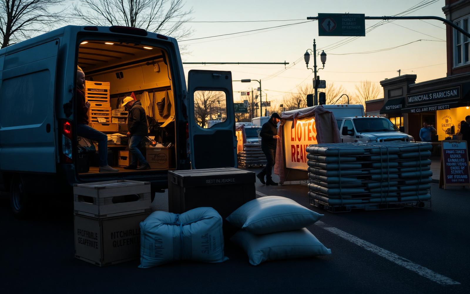 Artisan and food vendors loading in tents and tables on a closed downtown street at dawn before a street fair