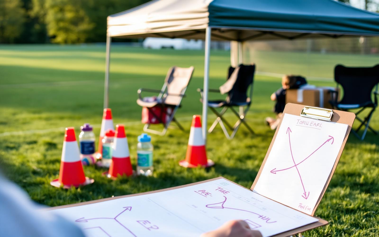 Close-up of a sideline clipboard with a roster, waiver forms, and a concussion checklist at a youth tournament