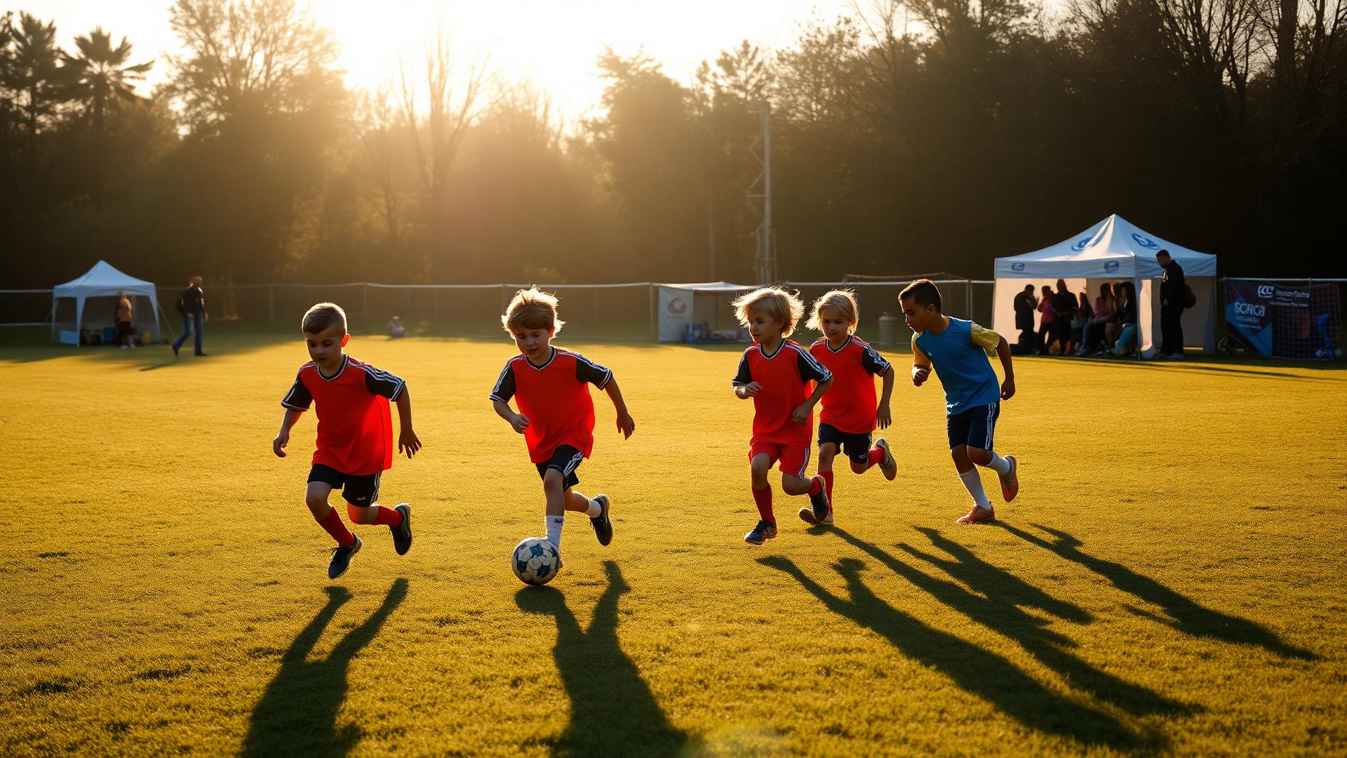 Youth soccer tournament sideline with players lined up along a chalked field boundary at a multi-field complex