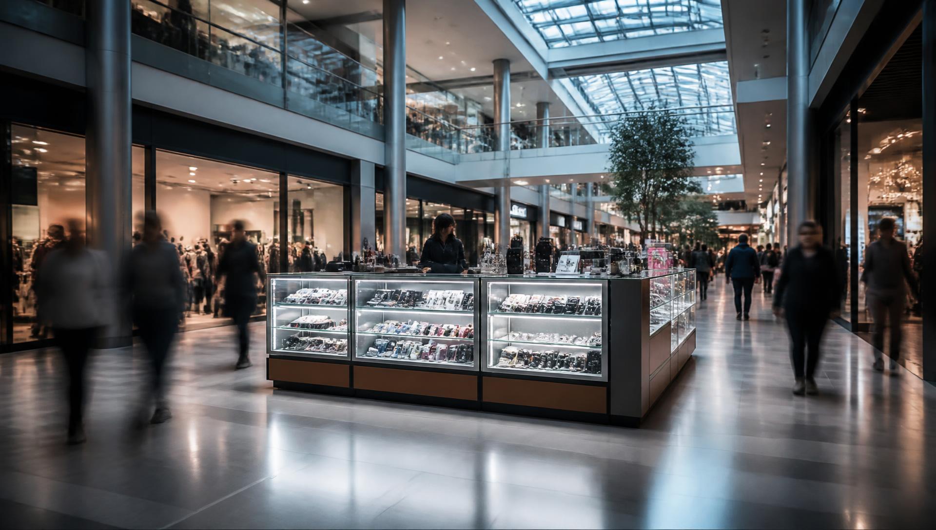 Illuminated retail kiosk on a polished mall concourse with shoppers passing on both sides