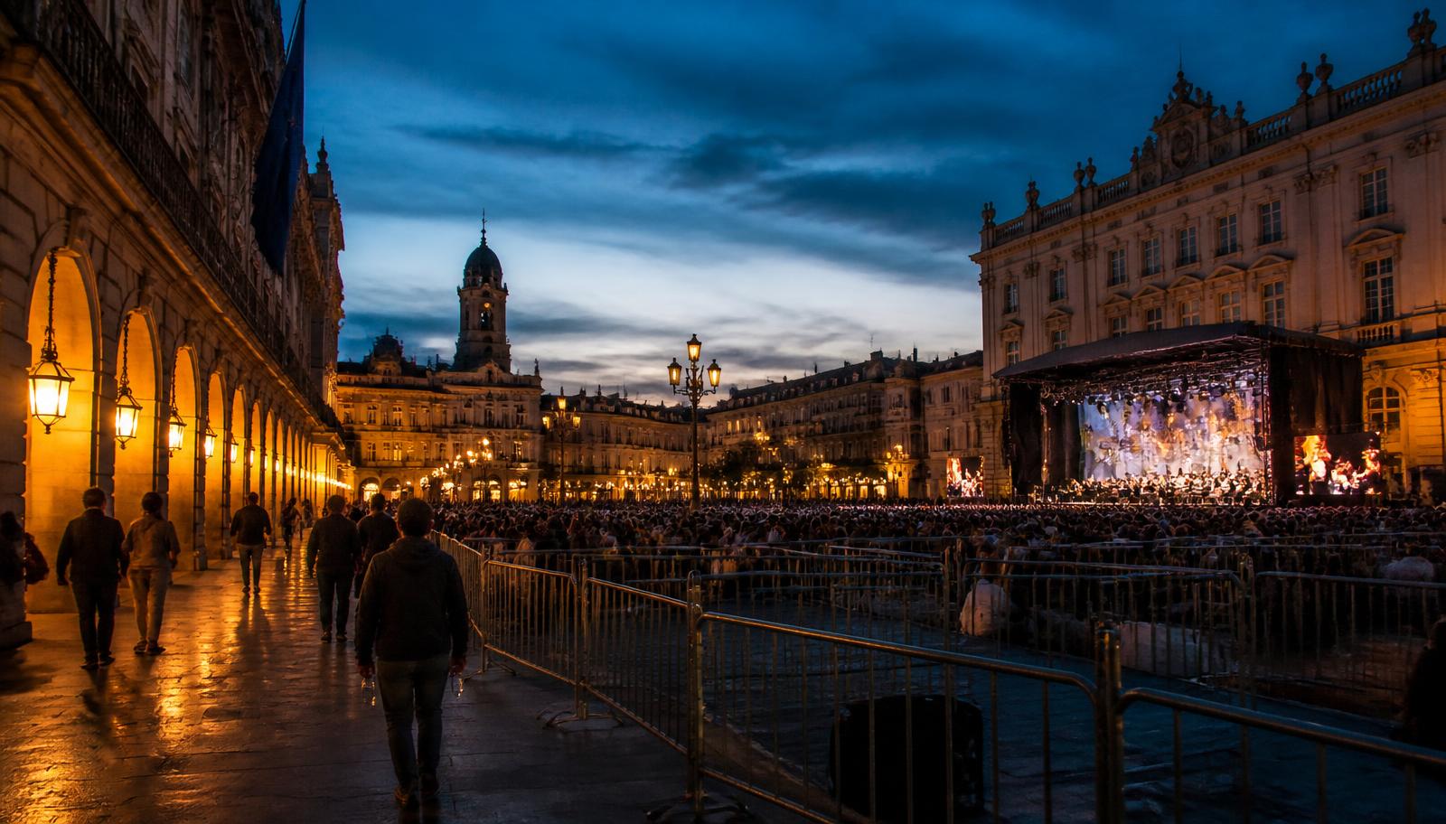 Crew building a stage in a European city square at dusk with freight cases, scaffolding, and historic facades under low moody light