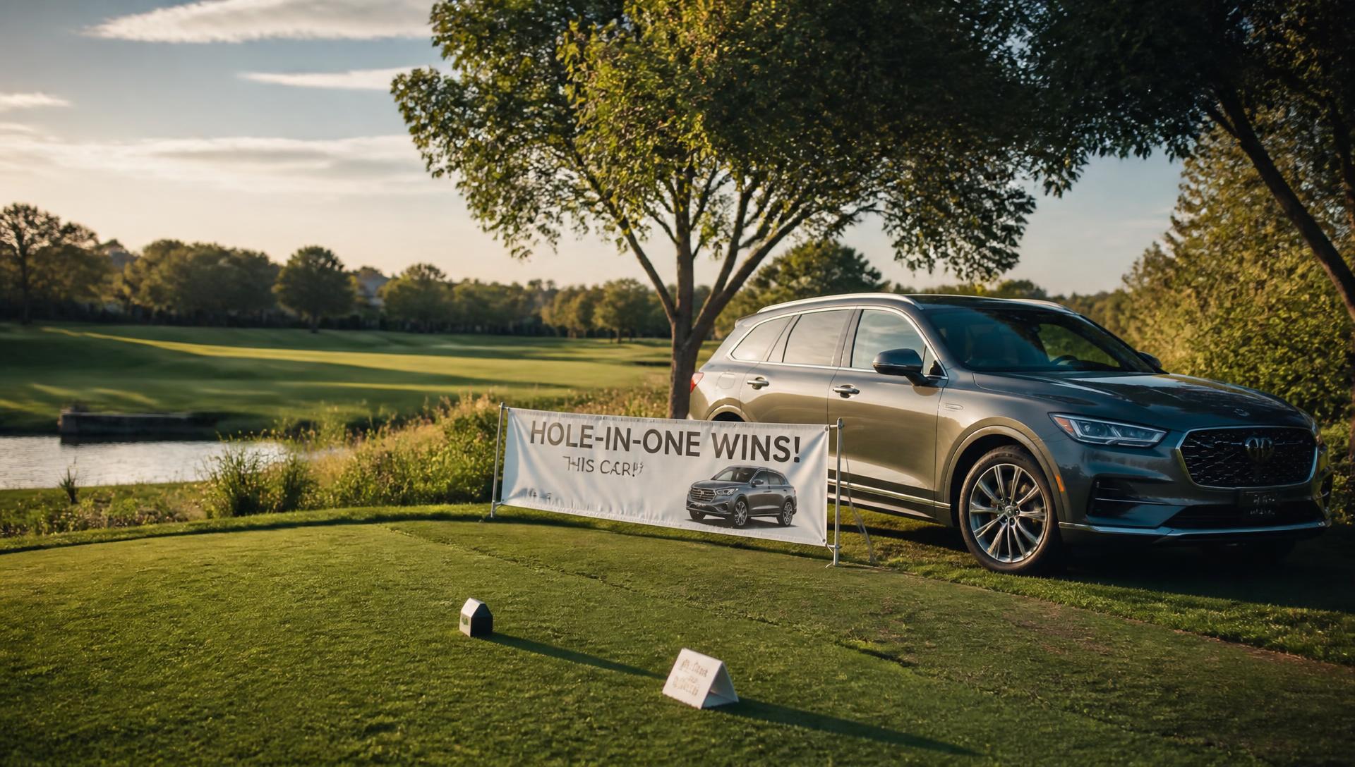 A single golf ball resting inches from the cup on a manicured green marked out for a hole-in-one contest