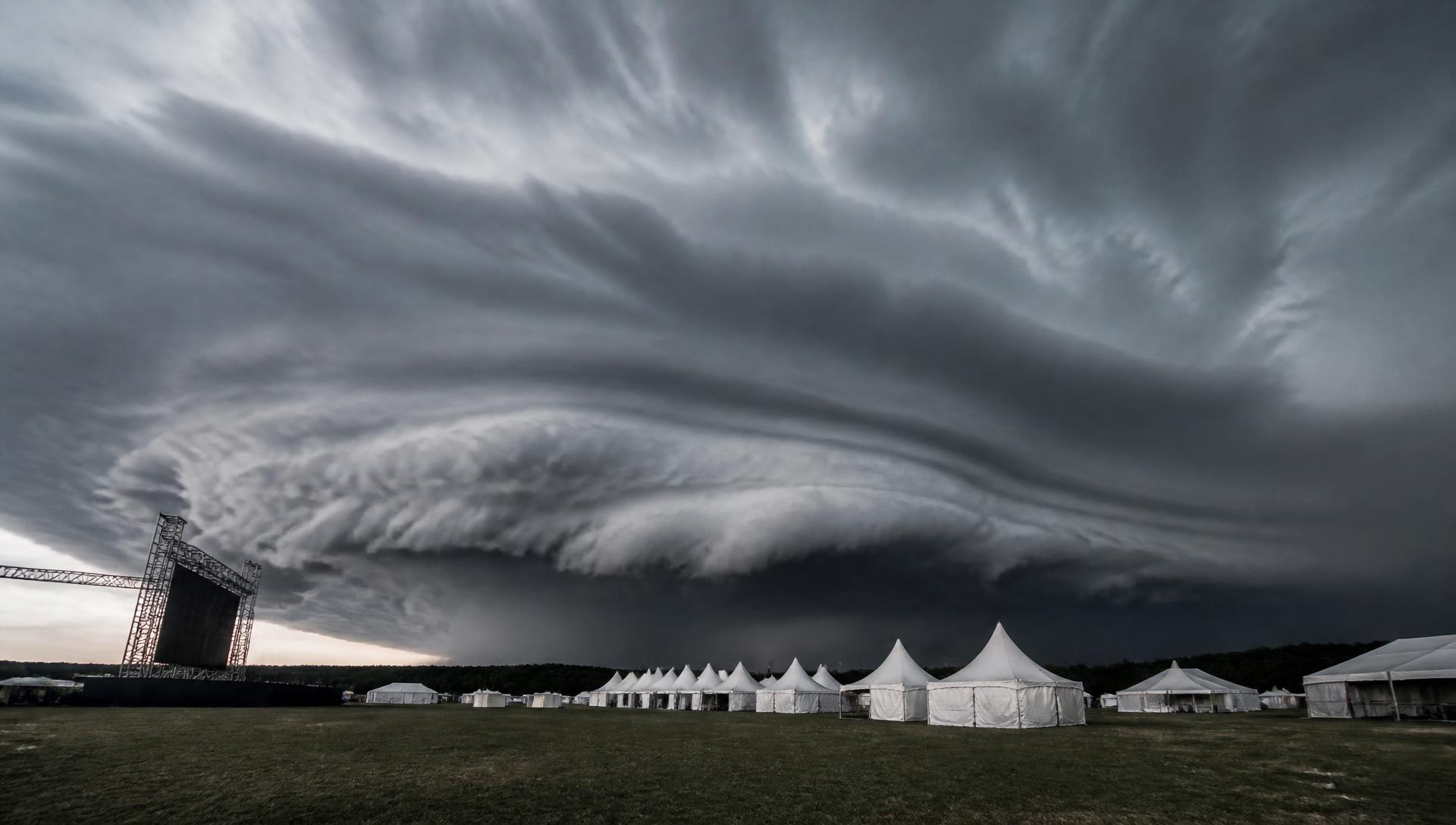 Wide view of an open-air event ground under a shifting sky, storm clouds gathering at the horizon beyond the stage