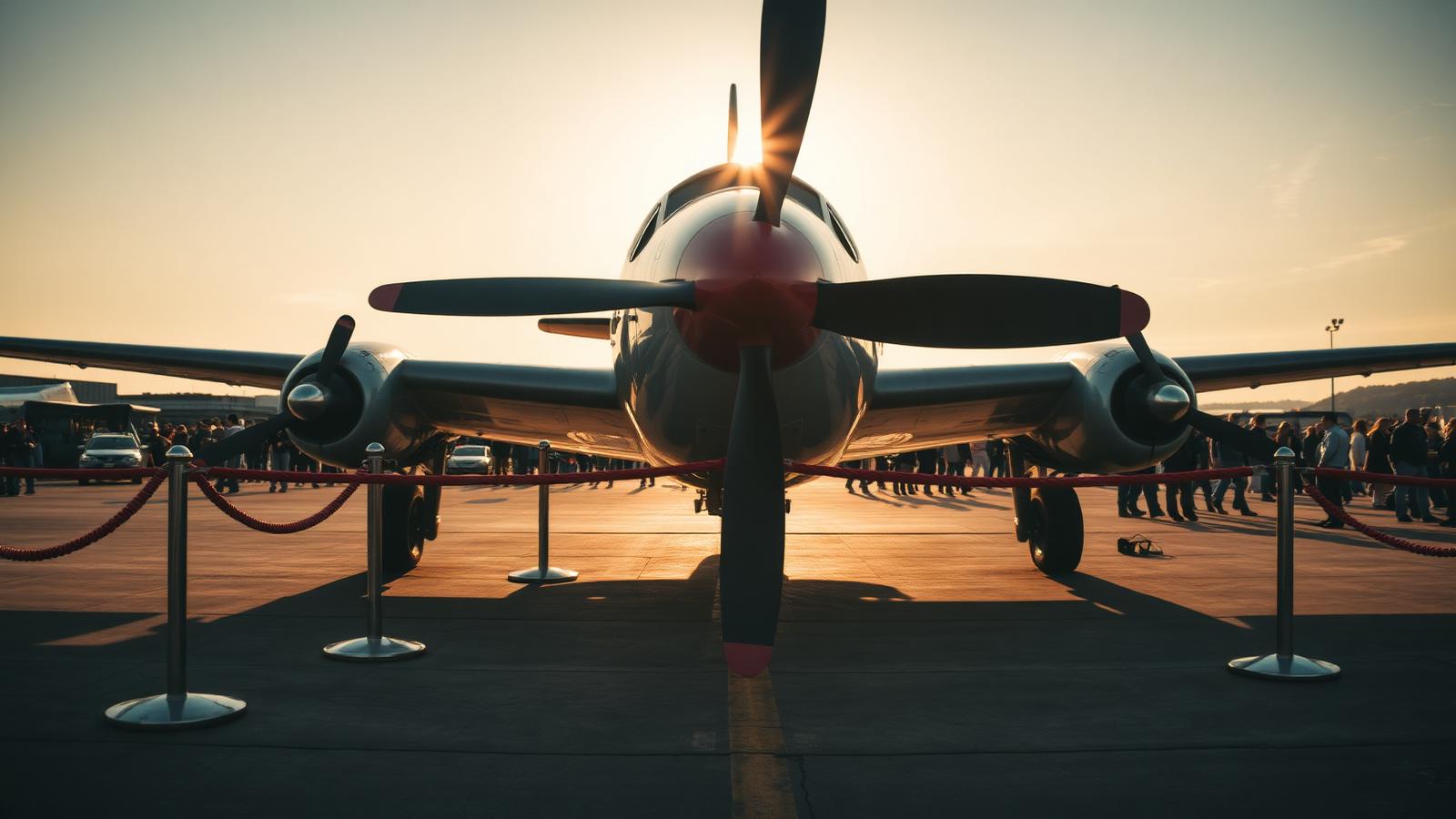 Vintage aircraft nose and propeller behind a crowd-line rope barrier on tarmac at sunset