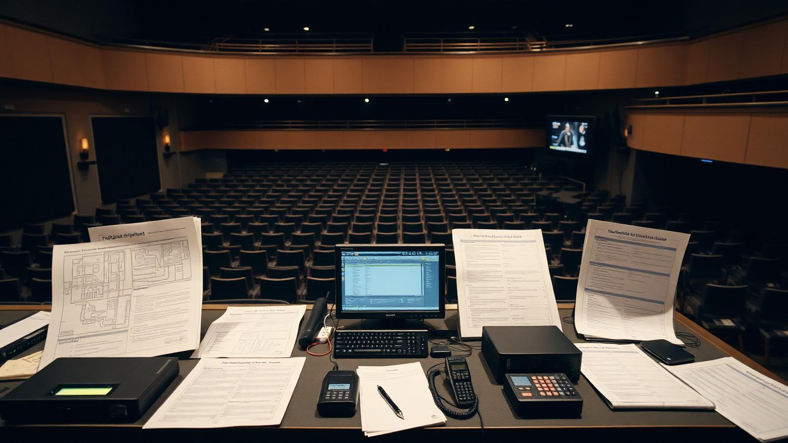 Production desk with site plans, radios and run sheets overlooking an empty auditorium