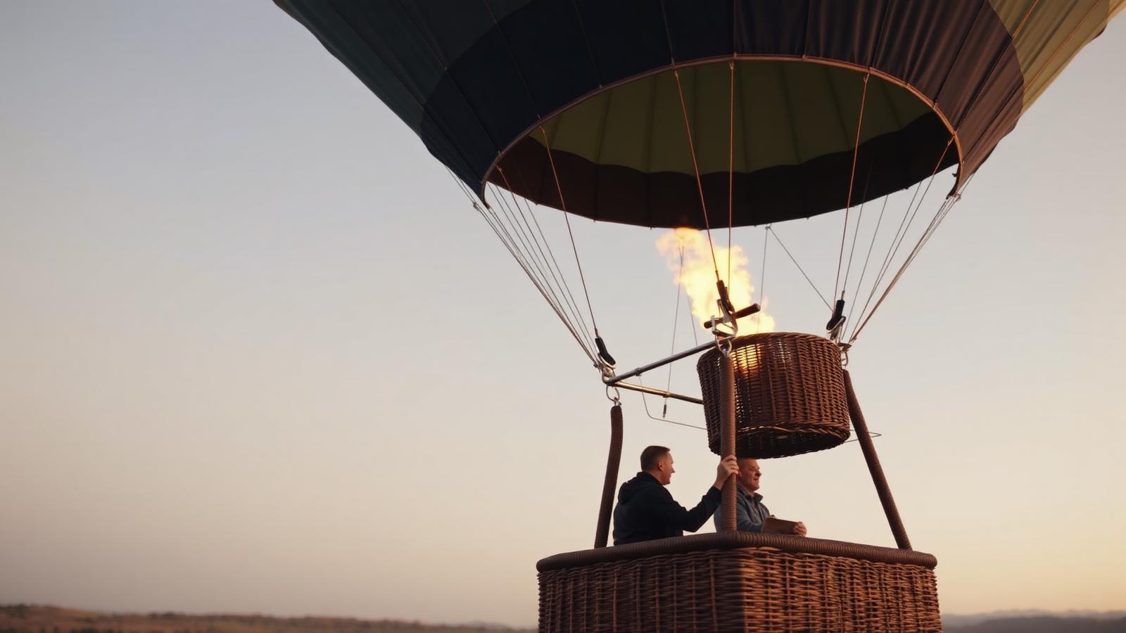 Burner flame and wicker basket rigging during a dawn hot air balloon inflation