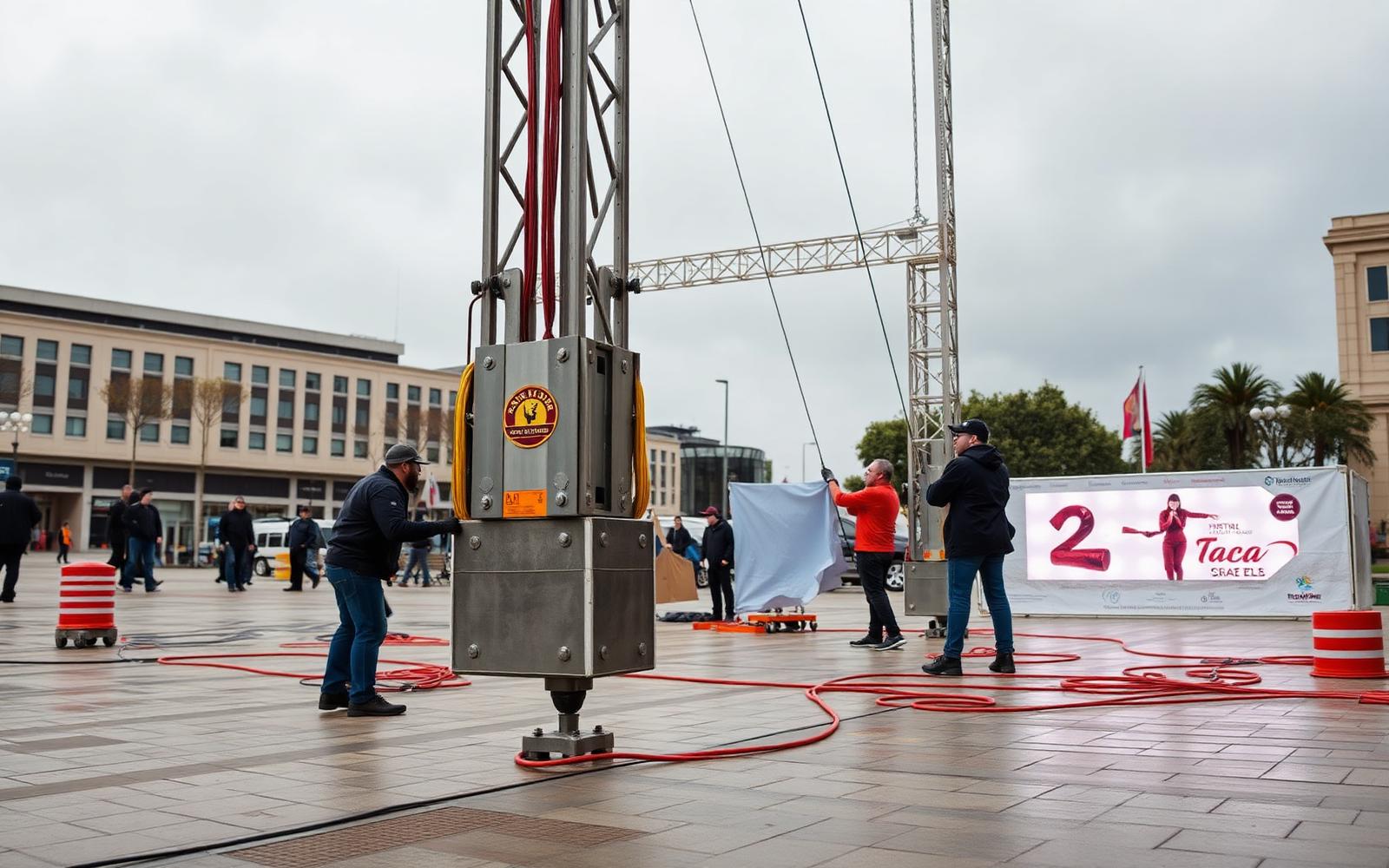 Crew anchoring a branded pop-up canopy with weighted ballast blocks ahead of a city plaza activation