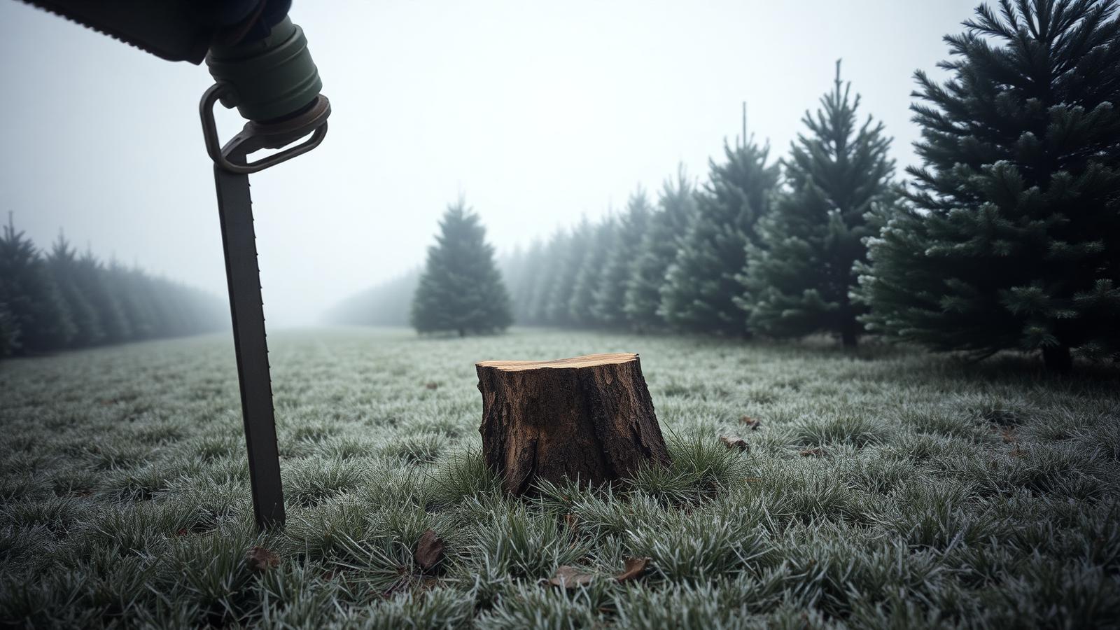 Handsaw beside a freshly cut stump in frosted grass on a choose-and-cut farm
