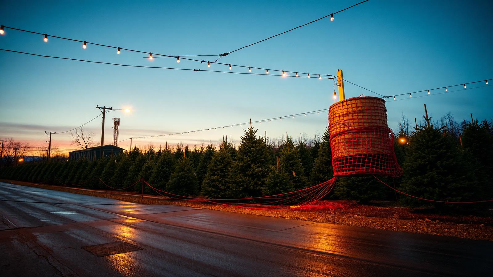 Netting machine and twine on a lit Christmas tree lot at dusk after rain