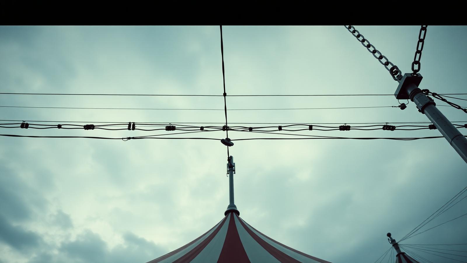 Steel guy lines and chains anchoring a big top tent against a heavy sky