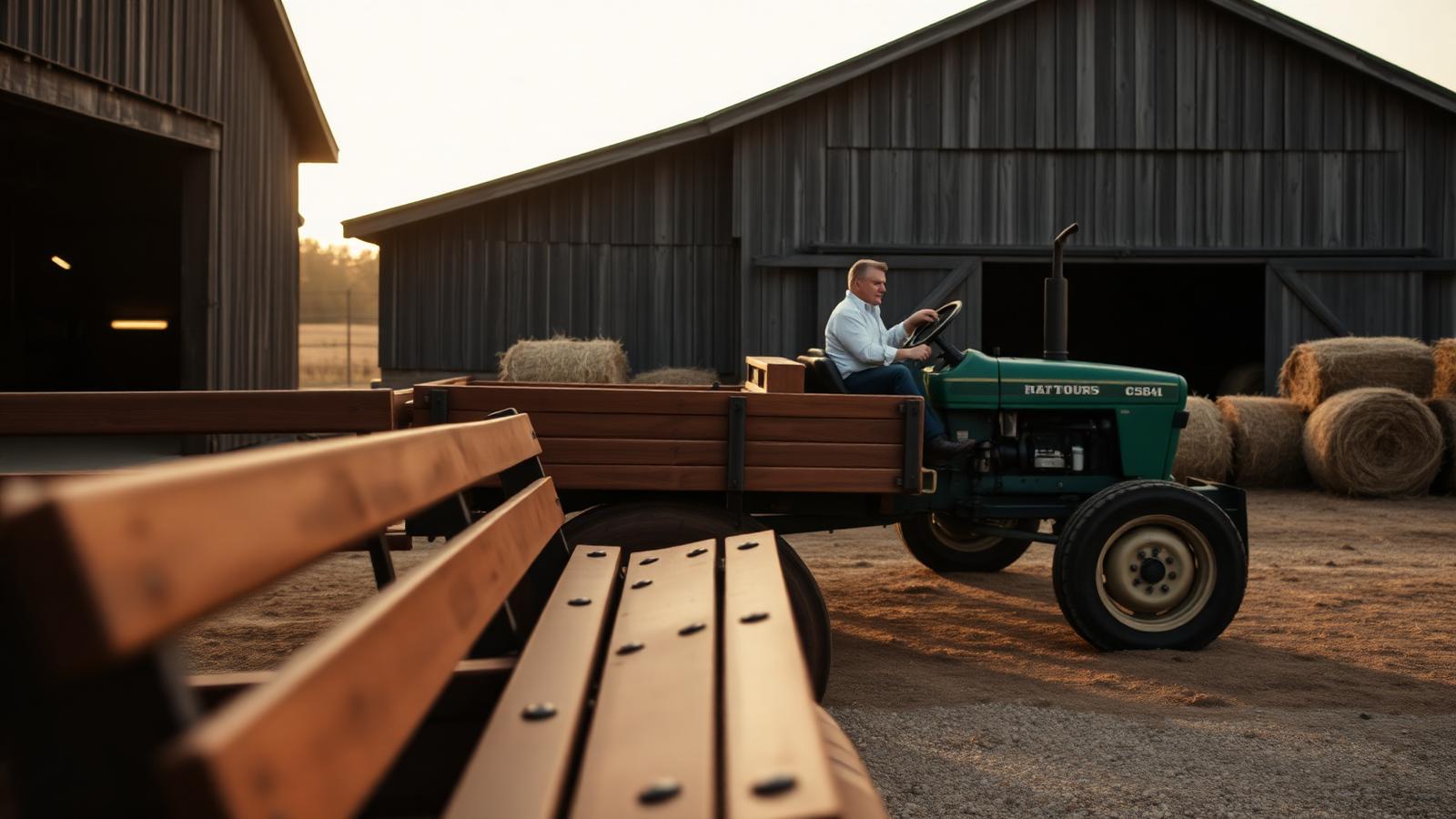 Tractor-drawn wagon with wooden bench rails parked beside a barn at golden hour
