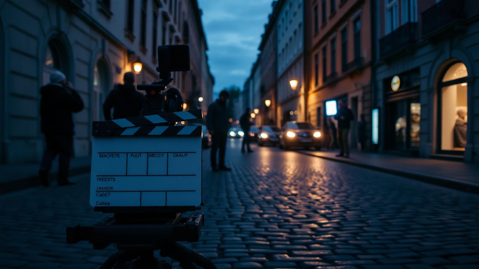 Camera dolly track and clapperboard on a European cobblestone street at blue hour