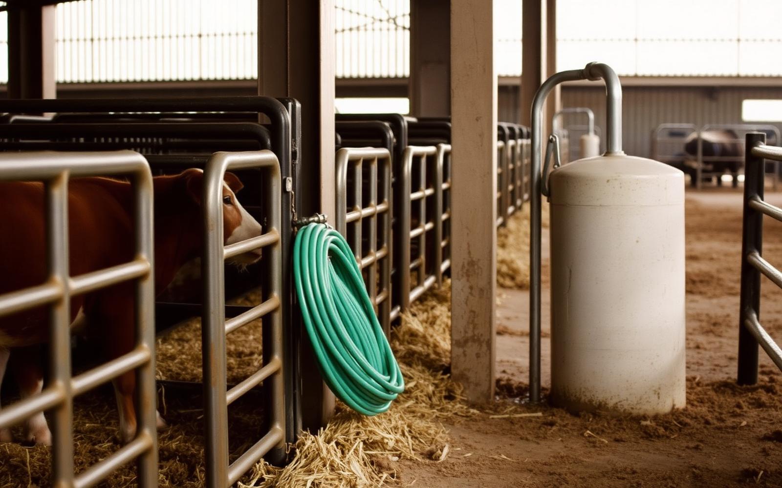 A concrete wash rack area with hoses and a young exhibitor rinsing a show heifer before judging