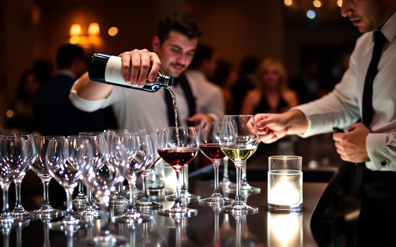 Bartender pouring drinks at a portable bar station during an evening networking reception