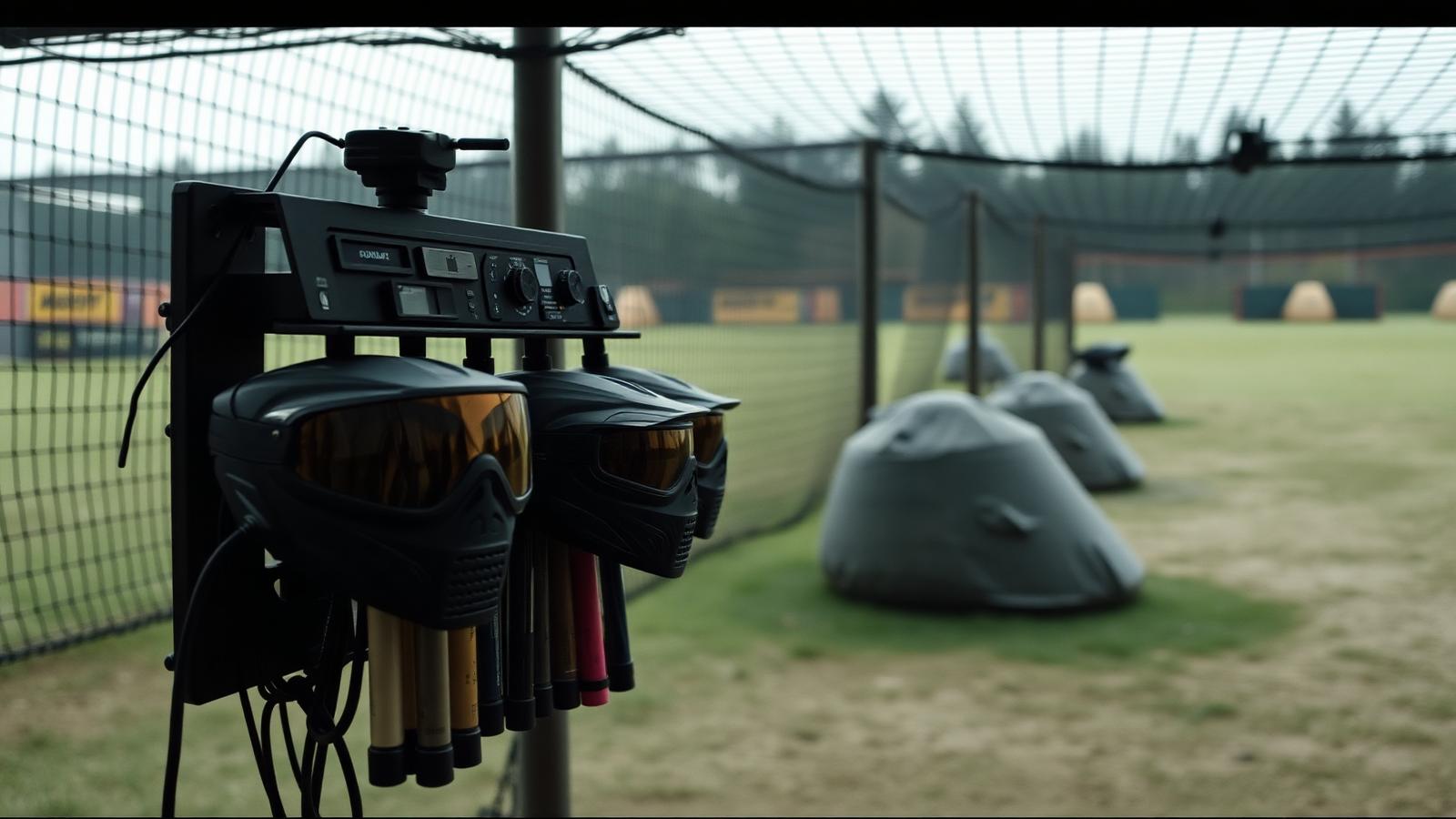 Chronograph station with masks and markers racked beside a netted paintball field