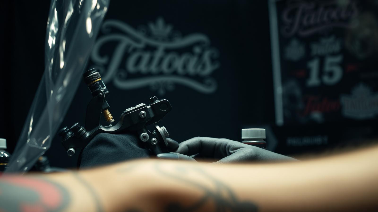 Tattoo artist's convention station with barrier film, machine and ink caps under booth lighting