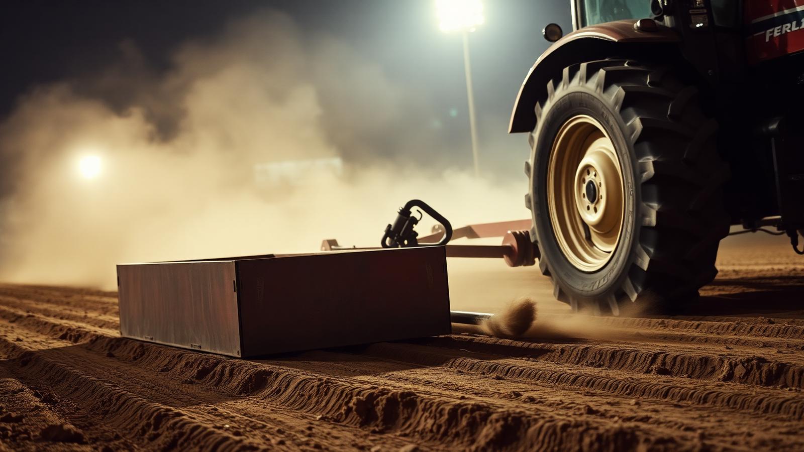 Weight transfer sled and churned dirt track under arena lights during a tractor pull