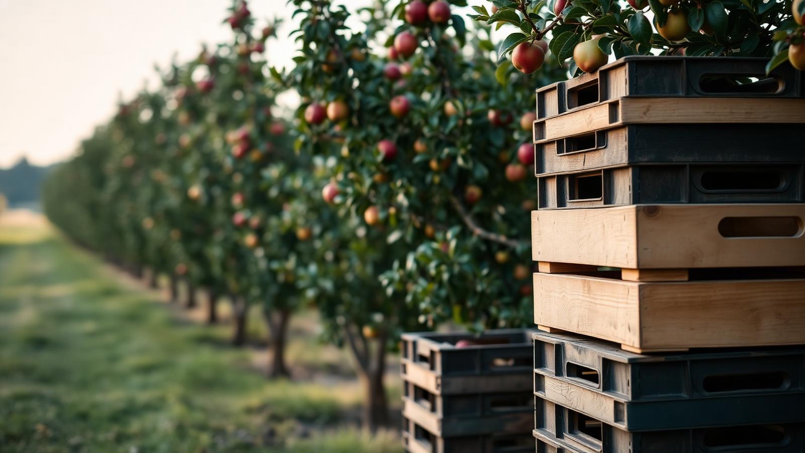 Stacked wooden picking crates at the edge of a dwarf apple block at first light