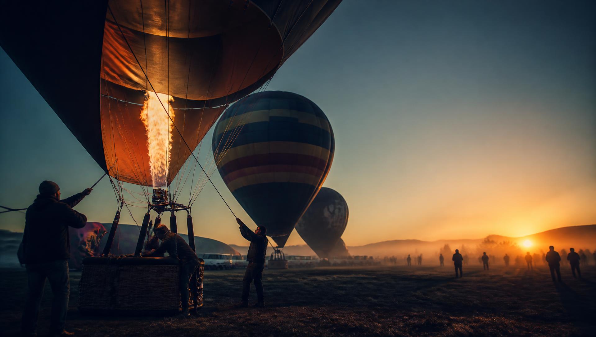 Hot air balloon envelope inflating at dawn with the burner flame lighting the fabric and crew silhouetted beneath