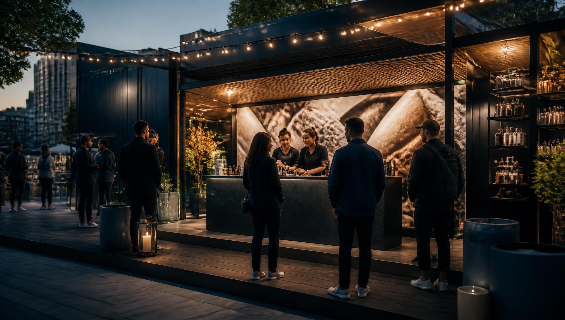 Branded pop-up activation structure and sampling counter set up on a city plaza with a wrapped mobile tour vehicle behind it