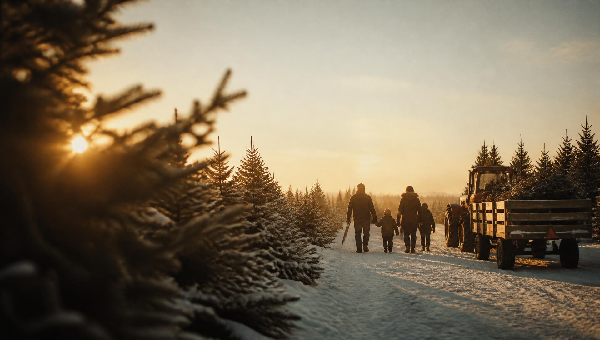 Family walking a snowy row of growing fir trees carrying a handsaw at a choose-and-cut Christmas tree farm