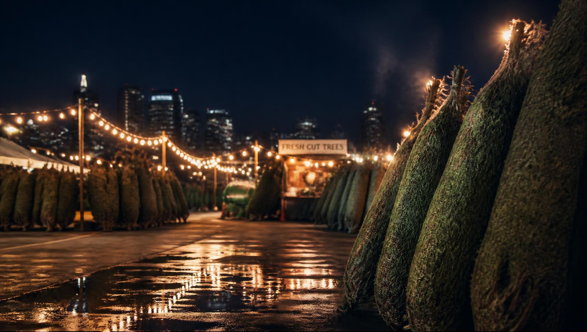 Rows of netted cut Christmas trees under string lights on a leased parking lot at dusk with a portable sales canopy
