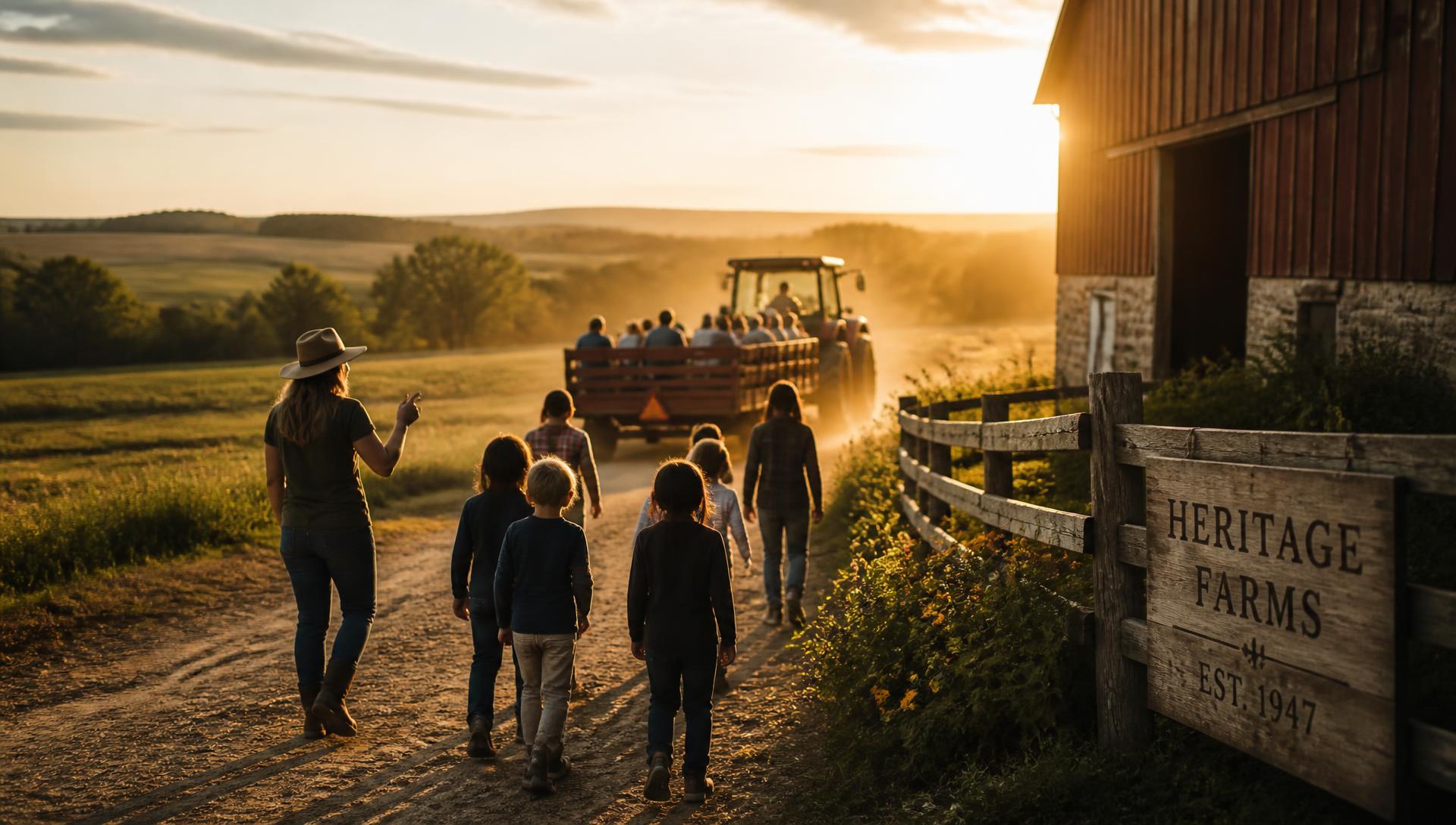 Small group of visitors walking behind a farmer past livestock pens and a barn on a working farm at golden hour