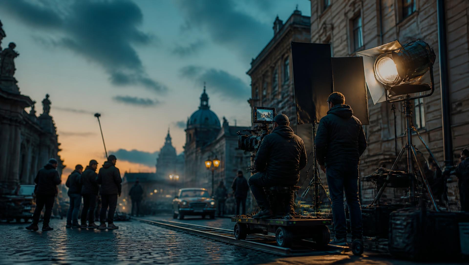 Small film crew shooting on a foreign city street with a camera on a tripod and grip cart at golden hour