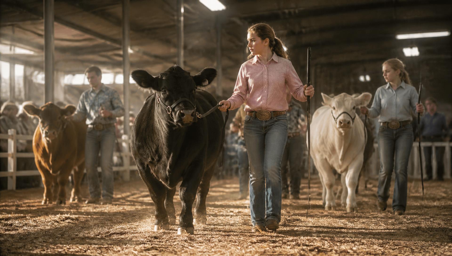 A young 4-H exhibitor leading a steer past rows of livestock stalls toward a lit show ring at an evening judging event
